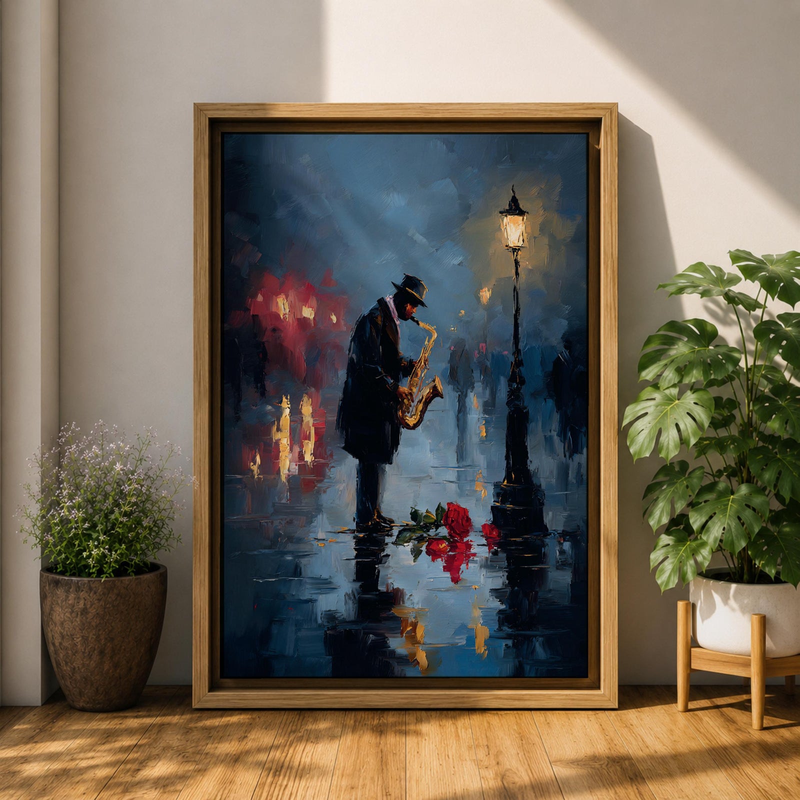 Saxophone wall art featuring a lone jazz musician performing beneath a glowing streetlamp on a rainy evening. Rich navy blue tones, warm reflections, and expressive impressionist brushwork create a romantic city atmosphere, making this music-inspired canvas print ideal for jazz lovers, musicians, living rooms, lounges, and sophisticated interiors.