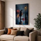 Saxophone wall art featuring a lone jazz musician performing beneath a glowing streetlamp on a rainy evening. Rich navy blue tones, warm reflections, and expressive impressionist brushwork create a romantic city atmosphere, making this music-inspired canvas print ideal for jazz lovers, musicians, living rooms, lounges, and sophisticated interiors.