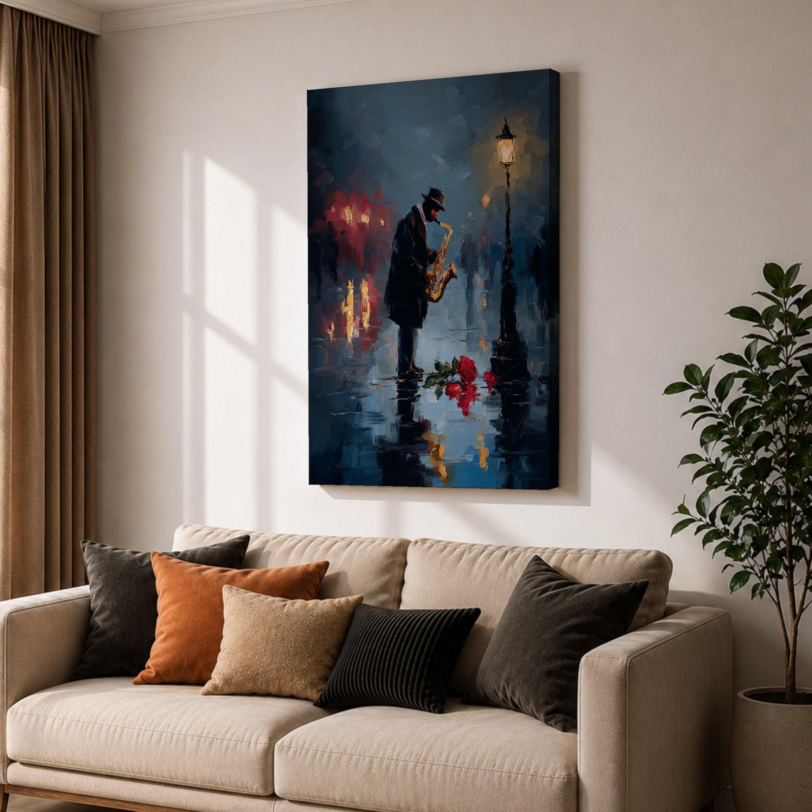 Saxophone wall art featuring a lone jazz musician performing beneath a glowing streetlamp on a rainy evening. Rich navy blue tones, warm reflections, and expressive impressionist brushwork create a romantic city atmosphere, making this music-inspired canvas print ideal for jazz lovers, musicians, living rooms, lounges, and sophisticated interiors.