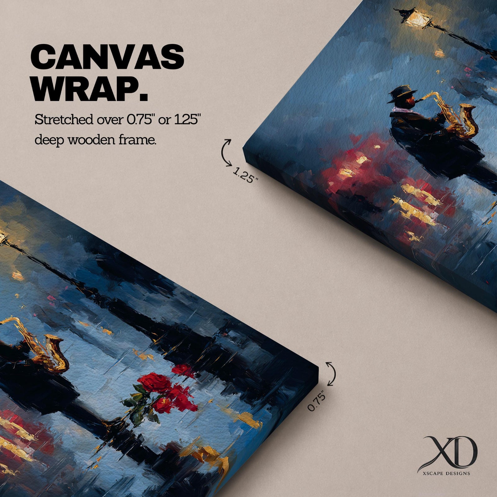 Saxophone wall art featuring a lone jazz musician performing beneath a glowing streetlamp on a rainy evening. Rich navy blue tones, warm reflections, and expressive impressionist brushwork create a romantic city atmosphere, making this music-inspired canvas print ideal for jazz lovers, musicians, living rooms, lounges, and sophisticated interiors.