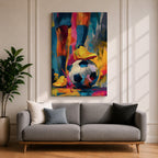 Soccer wall art featuring a player controlling a football with bright yellow cleats in a bold abstract composition. Vibrant blue, pink, orange, and gold brushstrokes emphasize movement, skill, and competition, creating a dynamic sports canvas print for game rooms, bedrooms, offices, and soccer enthusiast spaces.