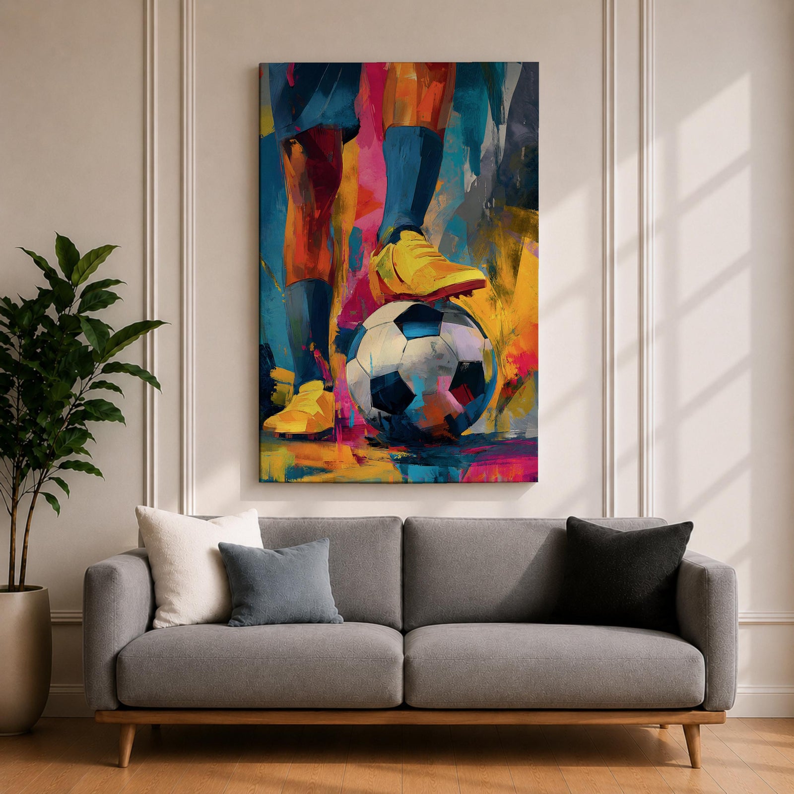 Soccer wall art featuring a player controlling a football with bright yellow cleats in a bold abstract composition. Vibrant blue, pink, orange, and gold brushstrokes emphasize movement, skill, and competition, creating a dynamic sports canvas print for game rooms, bedrooms, offices, and soccer enthusiast spaces.