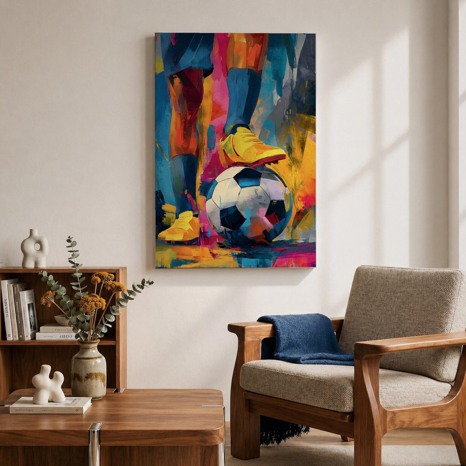 Soccer wall art featuring a player controlling a football with bright yellow cleats in a bold abstract composition. Vibrant blue, pink, orange, and gold brushstrokes emphasize movement, skill, and competition, creating a dynamic sports canvas print for game rooms, bedrooms, offices, and soccer enthusiast spaces.