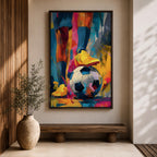 Soccer wall art featuring a player controlling a football with bright yellow cleats in a bold abstract composition. Vibrant blue, pink, orange, and gold brushstrokes emphasize movement, skill, and competition, creating a dynamic sports canvas print for game rooms, bedrooms, offices, and soccer enthusiast spaces.