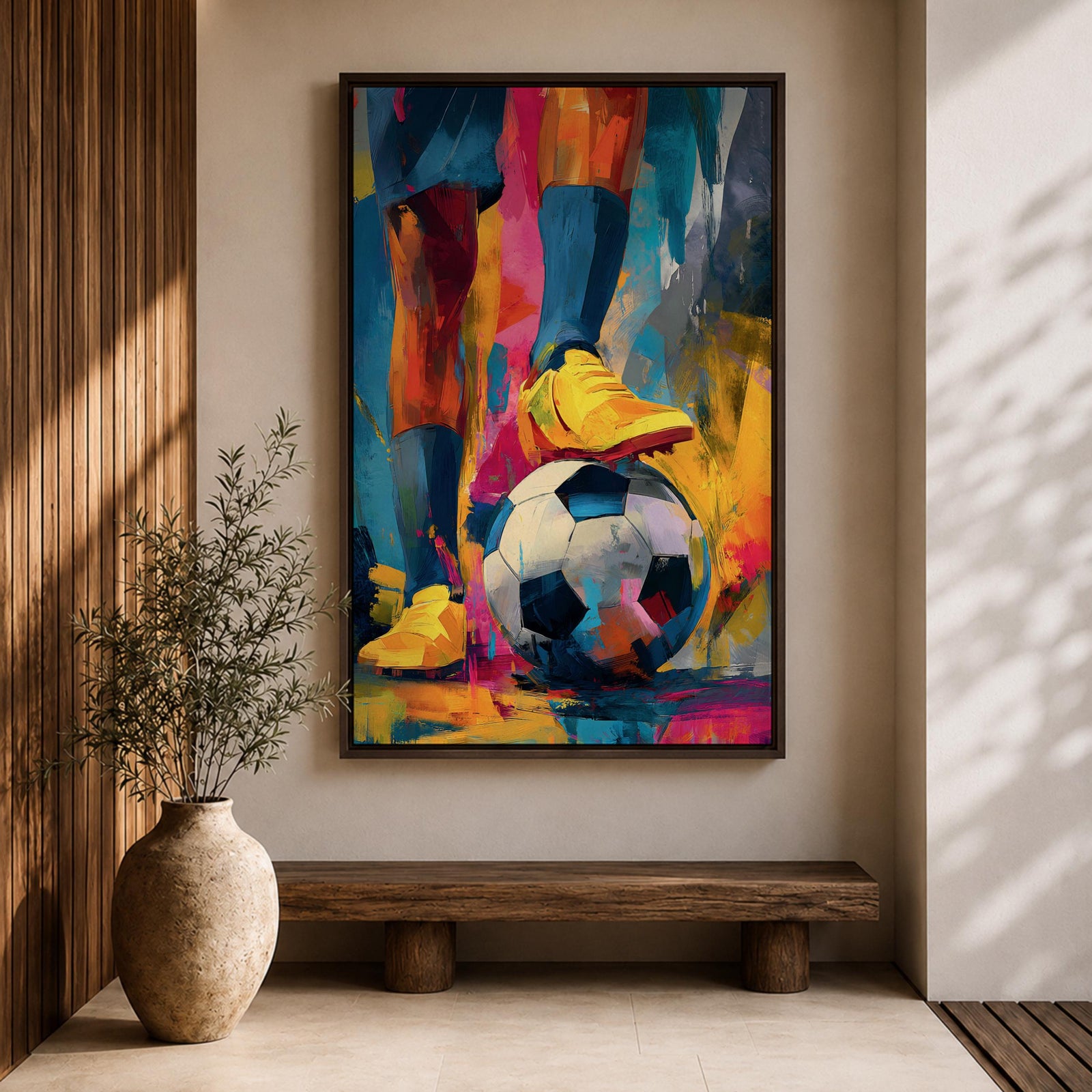 Soccer wall art featuring a player controlling a football with bright yellow cleats in a bold abstract composition. Vibrant blue, pink, orange, and gold brushstrokes emphasize movement, skill, and competition, creating a dynamic sports canvas print for game rooms, bedrooms, offices, and soccer enthusiast spaces.