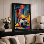Soccer wall art featuring a player controlling a football with bright yellow cleats in a bold abstract composition. Vibrant blue, pink, orange, and gold brushstrokes emphasize movement, skill, and competition, creating a dynamic sports canvas print for game rooms, bedrooms, offices, and soccer enthusiast spaces.