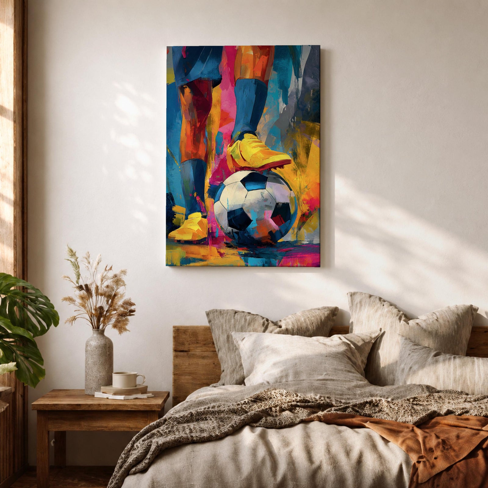 Soccer wall art featuring a player controlling a football with bright yellow cleats in a bold abstract composition. Vibrant blue, pink, orange, and gold brushstrokes emphasize movement, skill, and competition, creating a dynamic sports canvas print for game rooms, bedrooms, offices, and soccer enthusiast spaces.