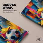 Soccer wall art featuring a player controlling a football with bright yellow cleats in a bold abstract composition. Vibrant blue, pink, orange, and gold brushstrokes emphasize movement, skill, and competition, creating a dynamic sports canvas print for game rooms, bedrooms, offices, and soccer enthusiast spaces.