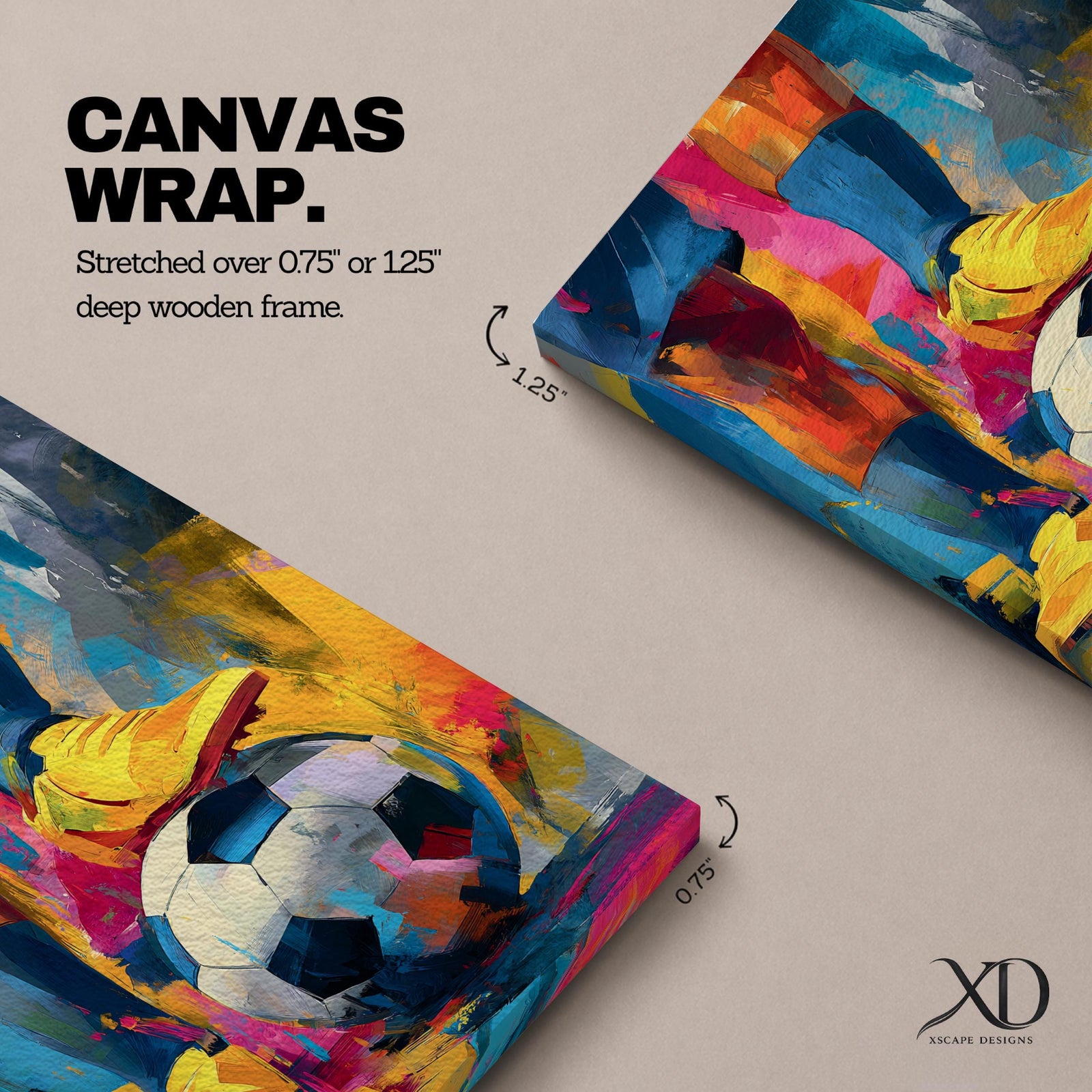 Soccer wall art featuring a player controlling a football with bright yellow cleats in a bold abstract composition. Vibrant blue, pink, orange, and gold brushstrokes emphasize movement, skill, and competition, creating a dynamic sports canvas print for game rooms, bedrooms, offices, and soccer enthusiast spaces.