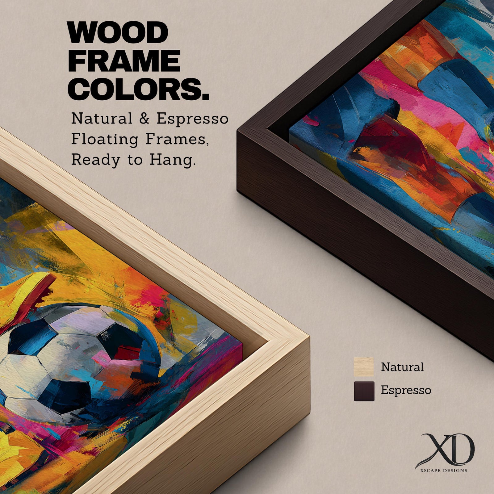 Soccer wall art featuring a player controlling a football with bright yellow cleats in a bold abstract composition. Vibrant blue, pink, orange, and gold brushstrokes emphasize movement, skill, and competition, creating a dynamic sports canvas print for game rooms, bedrooms, offices, and soccer enthusiast spaces.