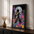 Colorful pop art painting of an astronaut playing an electric guitar with a large moon in the background, surrounded by vibrant splashes and floral patterns, set against a starry night sky.