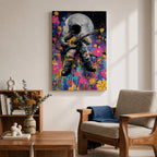 Colorful pop art painting of an astronaut playing an electric guitar with a large moon in the background, surrounded by vibrant splashes and floral patterns, set against a starry night sky.