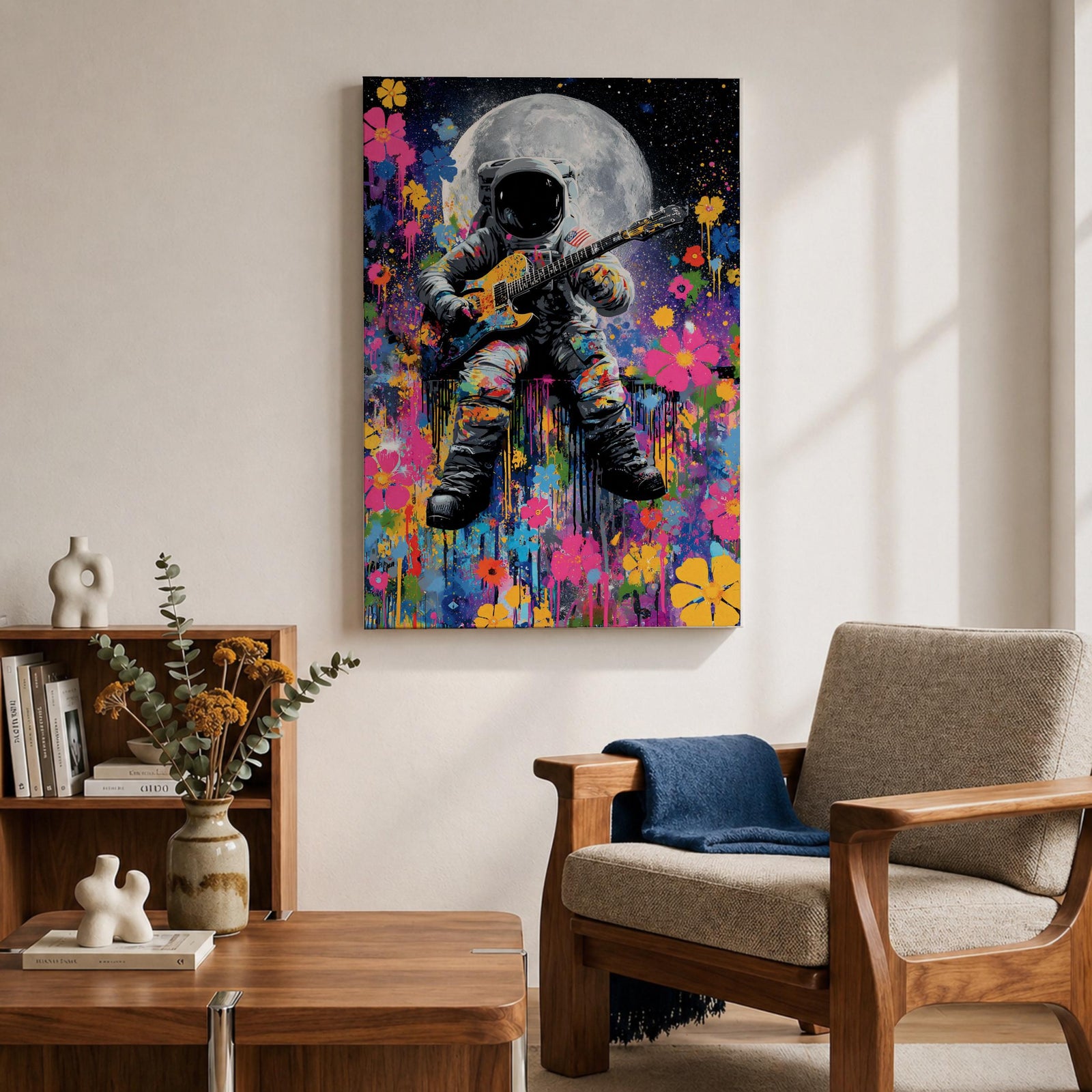 Colorful pop art painting of an astronaut playing an electric guitar with a large moon in the background, surrounded by vibrant splashes and floral patterns, set against a starry night sky.