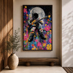 Colorful pop art painting of an astronaut playing an electric guitar with a large moon in the background, surrounded by vibrant splashes and floral patterns, set against a starry night sky.