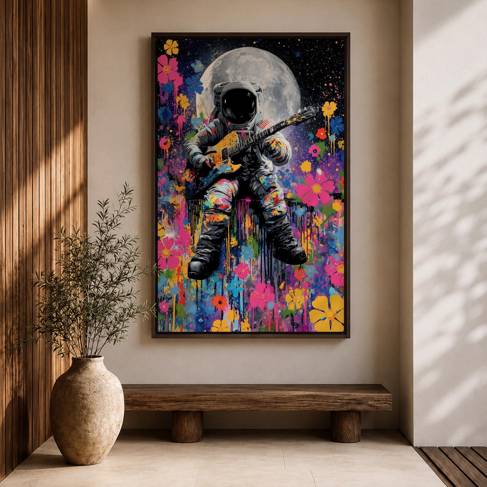 Colorful pop art painting of an astronaut playing an electric guitar with a large moon in the background, surrounded by vibrant splashes and floral patterns, set against a starry night sky.
