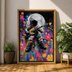 Colorful pop art painting of an astronaut playing an electric guitar with a large moon in the background, surrounded by vibrant splashes and floral patterns, set against a starry night sky.