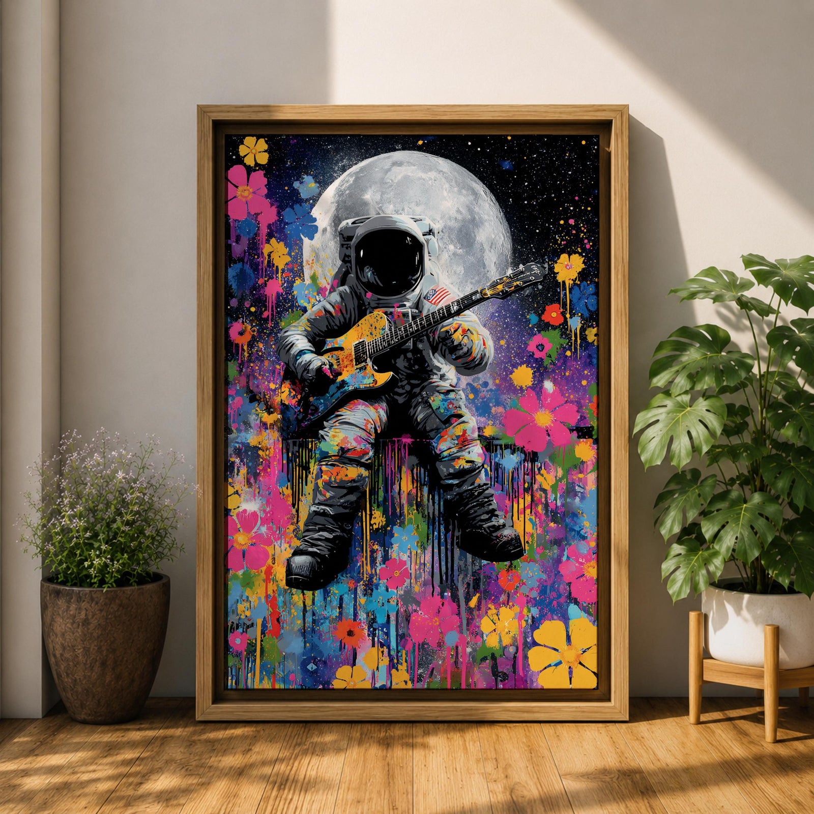 Colorful pop art painting of an astronaut playing an electric guitar with a large moon in the background, surrounded by vibrant splashes and floral patterns, set against a starry night sky.