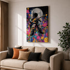 Colorful pop art painting of an astronaut playing an electric guitar with a large moon in the background, surrounded by vibrant splashes and floral patterns, set against a starry night sky.