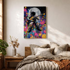 Colorful pop art painting of an astronaut playing an electric guitar with a large moon in the background, surrounded by vibrant splashes and floral patterns, set against a starry night sky.