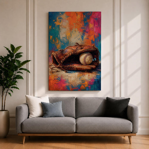 Bring the spirit of the game home with this Baseball Glove Wall Art, featuring a vintage leather glove and baseball against a vibrant abstract background. Rich textures and bold colors create a striking canvas print that's perfect for sports rooms, man caves, offices, and game rooms.
