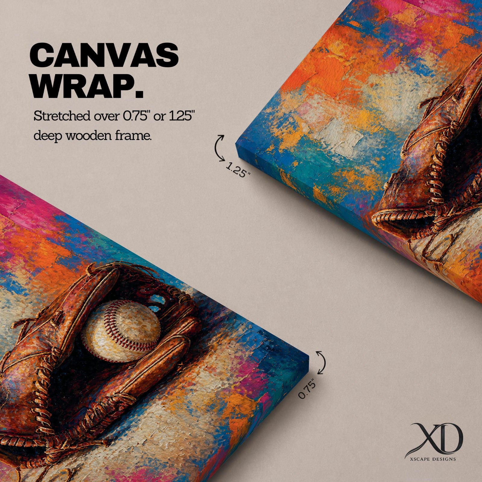 Bring the spirit of the game home with this Baseball Glove Wall Art, featuring a vintage leather glove and baseball against a vibrant abstract background. Rich textures and bold colors create a striking canvas print that's perfect for sports rooms, man caves, offices, and game rooms.