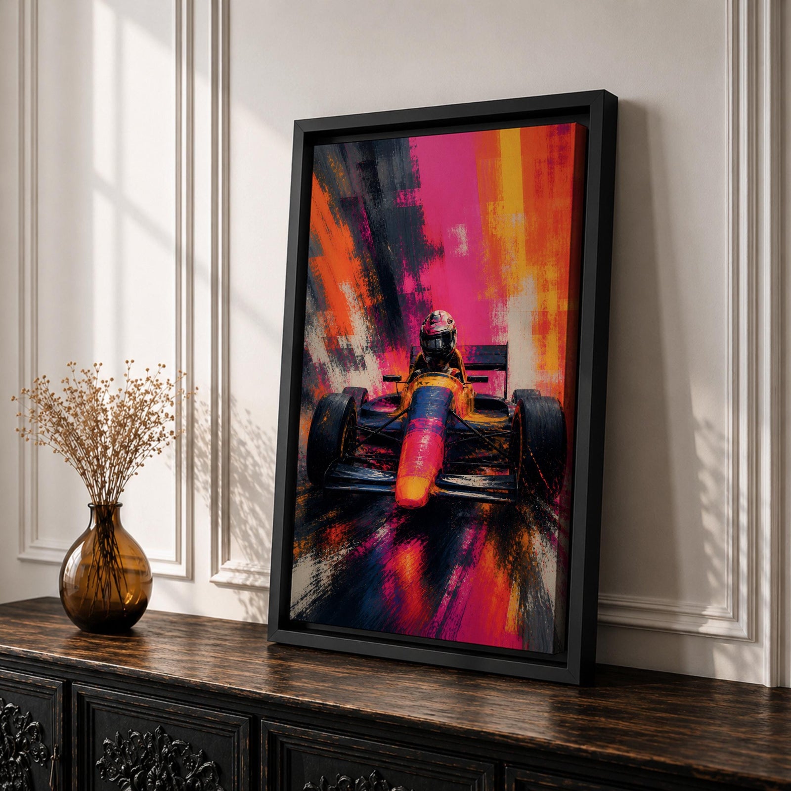 Ignite your passion for motorsport with this Formula One Wall Art, featuring a race car charging forward in a vibrant abstract painting. Bold neon colors, expressive brushstrokes, and dramatic motion make this canvas print a striking centerpiece for man caves, racing rooms, and automotive-inspired spaces.