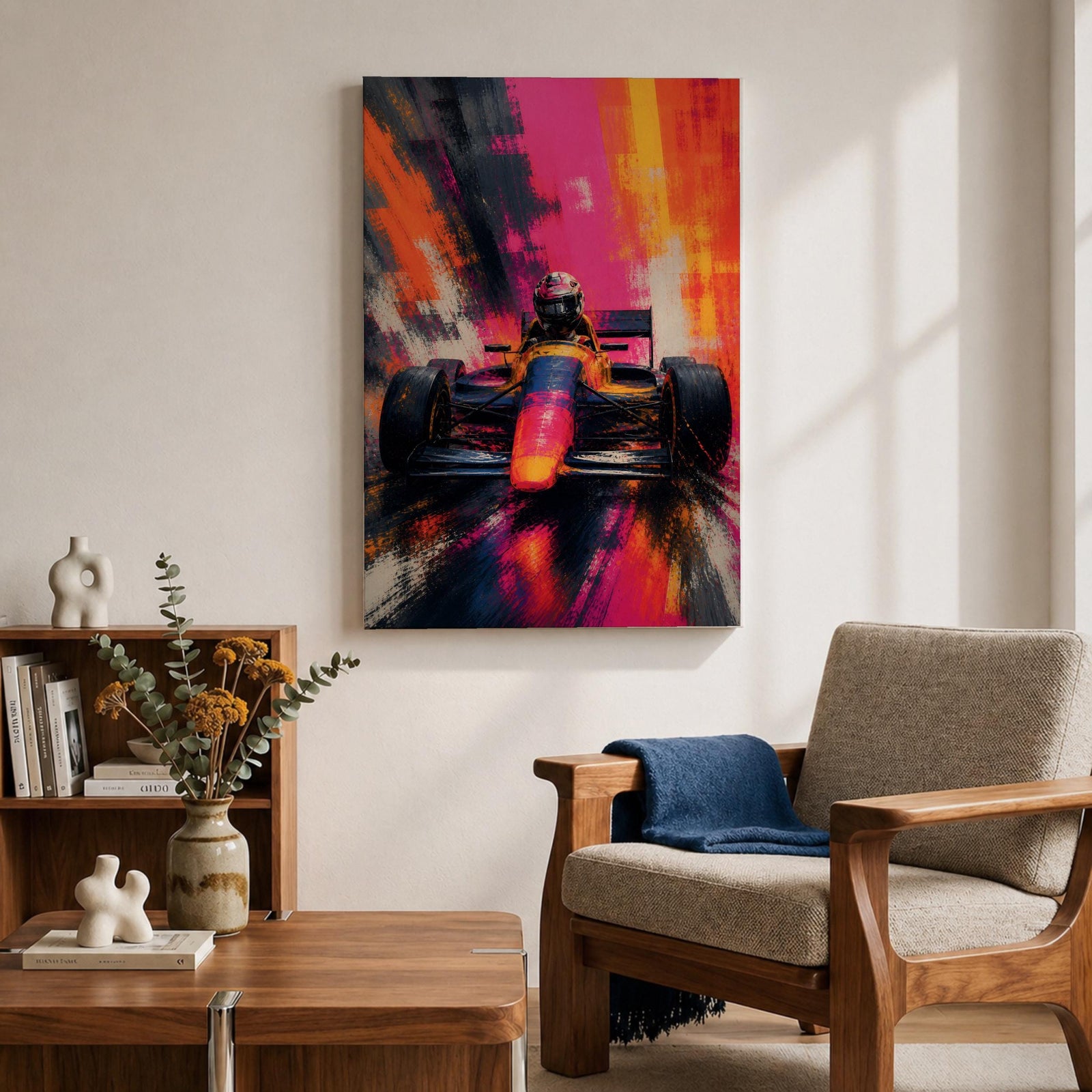Ignite your passion for motorsport with this Formula One Wall Art, featuring a race car charging forward in a vibrant abstract painting. Bold neon colors, expressive brushstrokes, and dramatic motion make this canvas print a striking centerpiece for man caves, racing rooms, and automotive-inspired spaces.