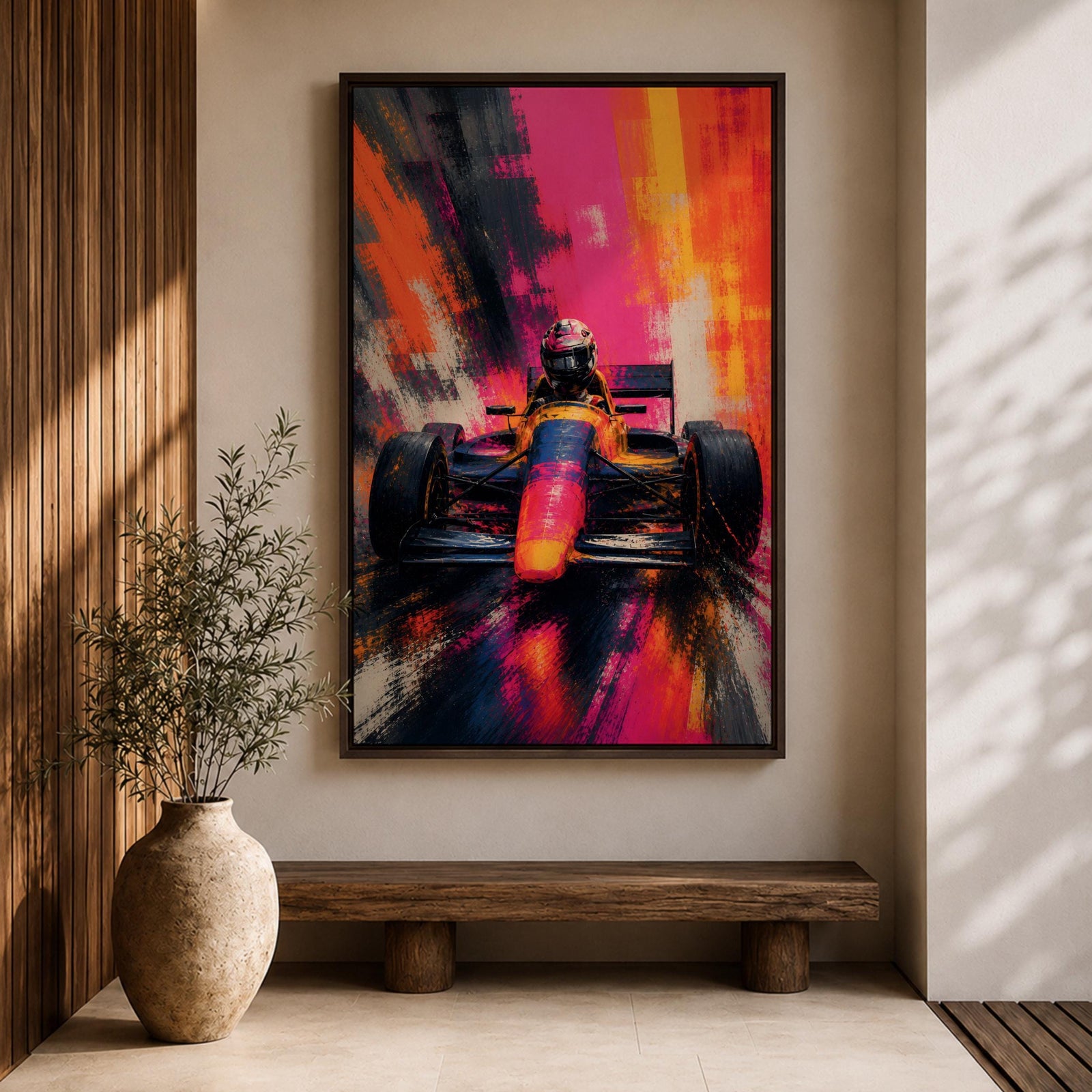 Ignite your passion for motorsport with this Formula One Wall Art, featuring a race car charging forward in a vibrant abstract painting. Bold neon colors, expressive brushstrokes, and dramatic motion make this canvas print a striking centerpiece for man caves, racing rooms, and automotive-inspired spaces.