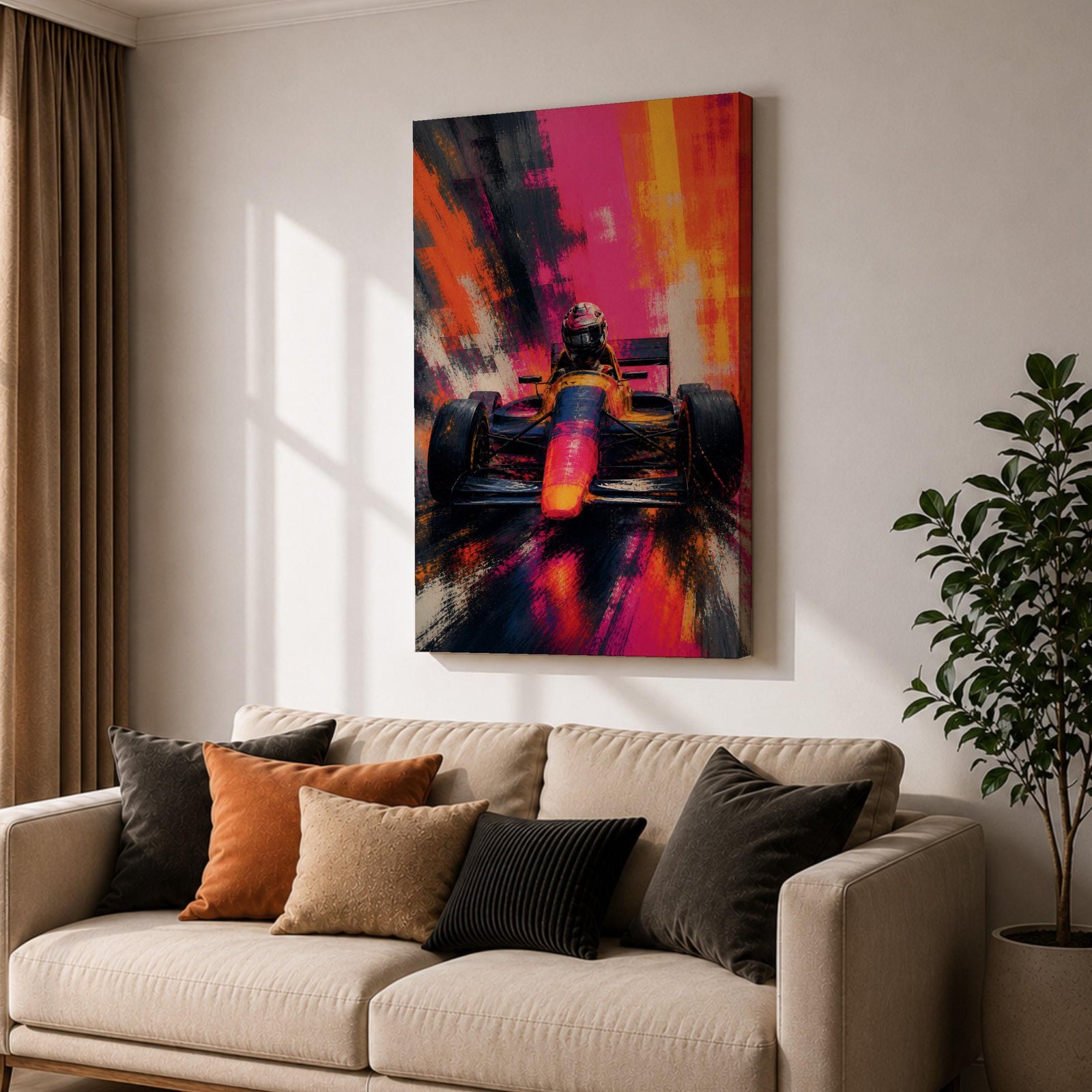 Ignite your passion for motorsport with this Formula One Wall Art, featuring a race car charging forward in a vibrant abstract painting. Bold neon colors, expressive brushstrokes, and dramatic motion make this canvas print a striking centerpiece for man caves, racing rooms, and automotive-inspired spaces.