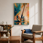 Golf club wall art featuring a close-up golf club and ball against an elegant abstract background accented with gold leaf textures. Refined teal, cream, blush, and metallic tones create a sophisticated sports canvas print ideal for clubhouses, golf rooms, offices, man caves, and luxury interiors.