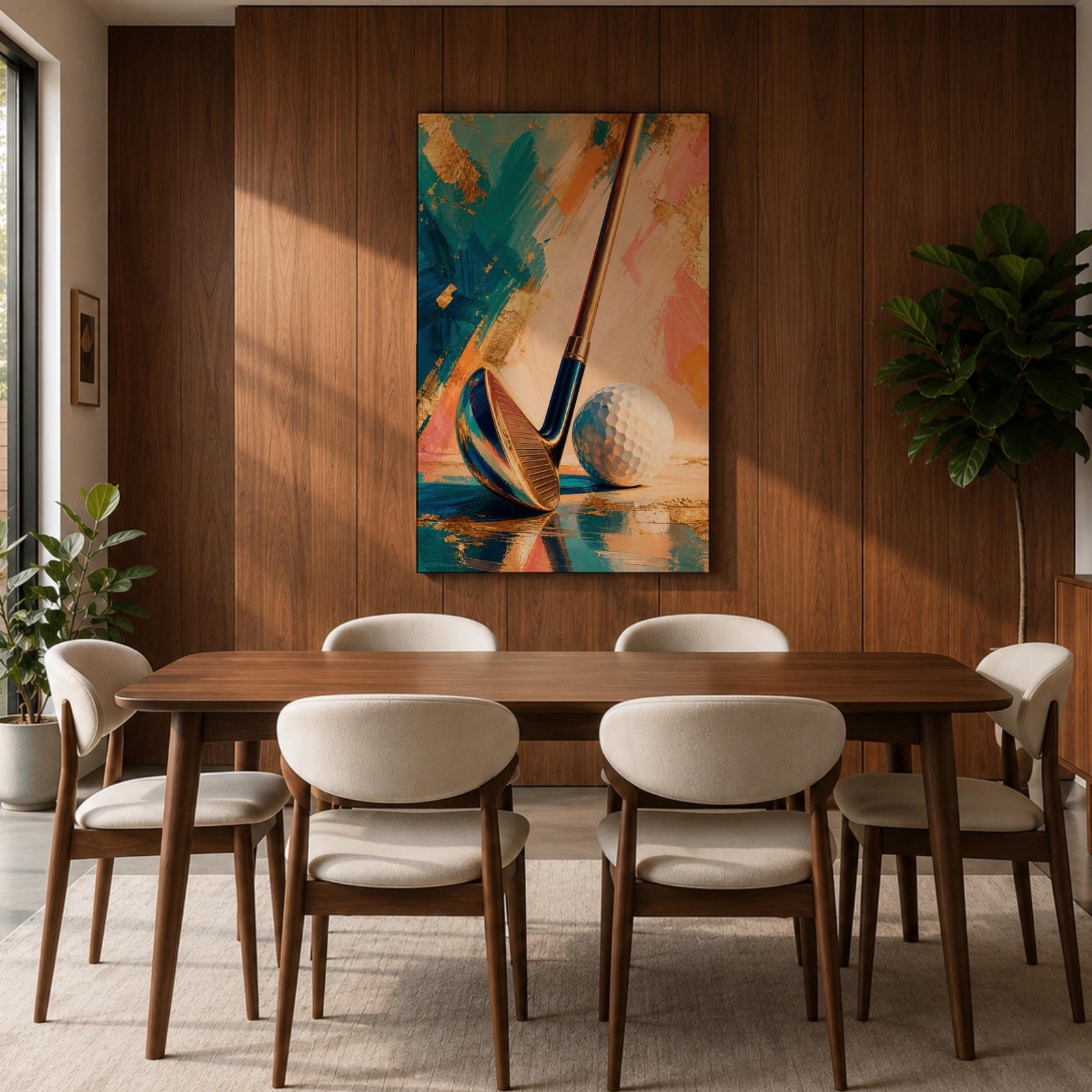 Golf club wall art featuring a close-up golf club and ball against an elegant abstract background accented with gold leaf textures. Refined teal, cream, blush, and metallic tones create a sophisticated sports canvas print ideal for clubhouses, golf rooms, offices, man caves, and luxury interiors.