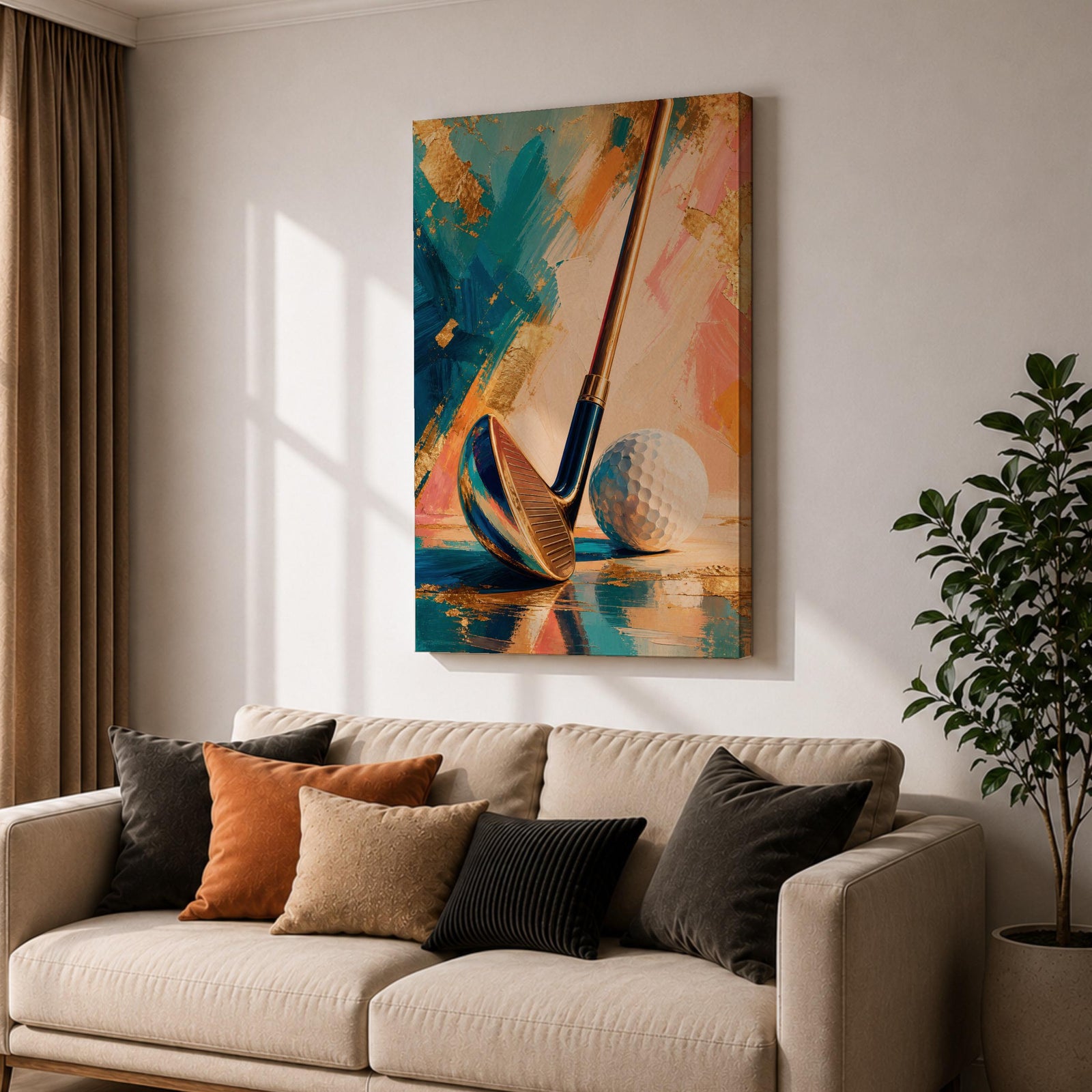 Golf club wall art featuring a close-up golf club and ball against an elegant abstract background accented with gold leaf textures. Refined teal, cream, blush, and metallic tones create a sophisticated sports canvas print ideal for clubhouses, golf rooms, offices, man caves, and luxury interiors.