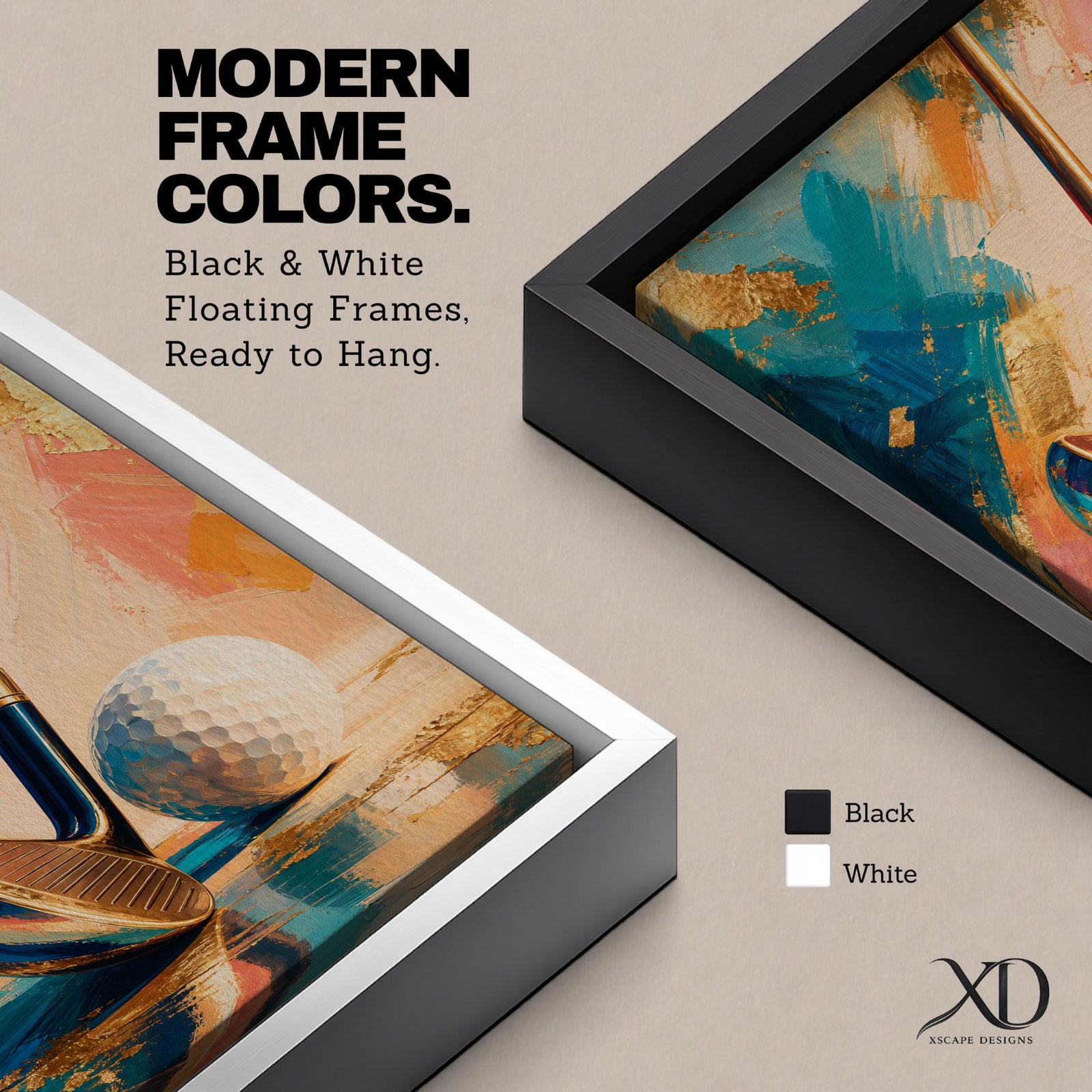 Golf club wall art featuring a close-up golf club and ball against an elegant abstract background accented with gold leaf textures. Refined teal, cream, blush, and metallic tones create a sophisticated sports canvas print ideal for clubhouses, golf rooms, offices, man caves, and luxury interiors.