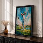 Elevate your space with this Golf Wall Art, featuring a golfer captured mid-swing in a vibrant impressionist painting. Bold palette knife textures, brilliant blue skies, and a scenic golf course create a striking canvas print for golf clubhouses, offices, and golf lovers.