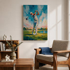 Elevate your space with this Golf Wall Art, featuring a golfer captured mid-swing in a vibrant impressionist painting. Bold palette knife textures, brilliant blue skies, and a scenic golf course create a striking canvas print for golf clubhouses, offices, and golf lovers.