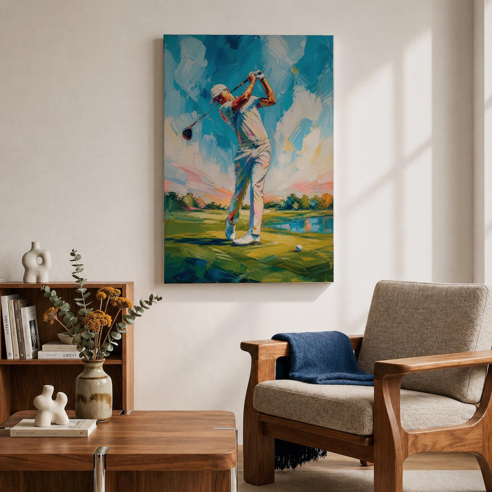 Elevate your space with this Golf Wall Art, featuring a golfer captured mid-swing in a vibrant impressionist painting. Bold palette knife textures, brilliant blue skies, and a scenic golf course create a striking canvas print for golf clubhouses, offices, and golf lovers.