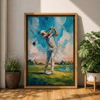 Elevate your space with this Golf Wall Art, featuring a golfer captured mid-swing in a vibrant impressionist painting. Bold palette knife textures, brilliant blue skies, and a scenic golf course create a striking canvas print for golf clubhouses, offices, and golf lovers.