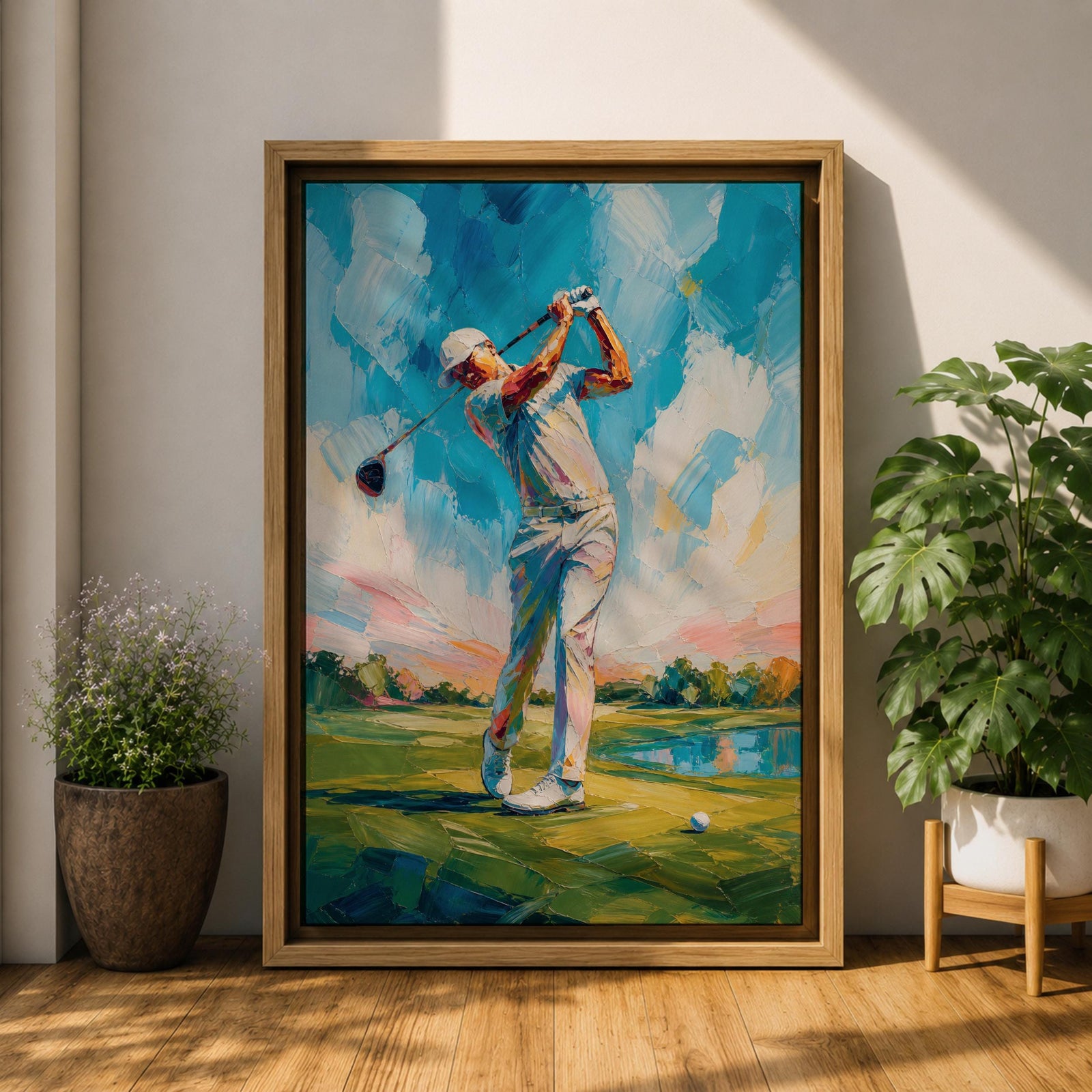 Elevate your space with this Golf Wall Art, featuring a golfer captured mid-swing in a vibrant impressionist painting. Bold palette knife textures, brilliant blue skies, and a scenic golf course create a striking canvas print for golf clubhouses, offices, and golf lovers.