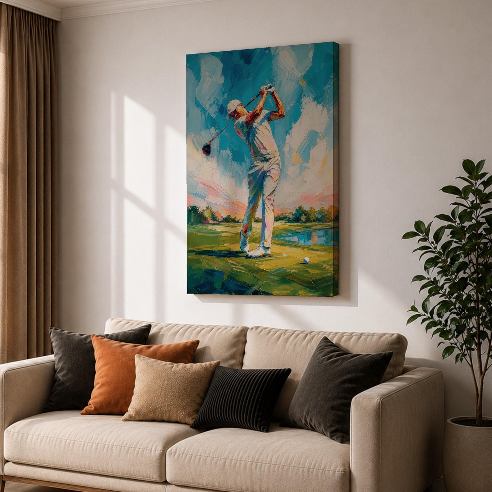 Elevate your space with this Golf Wall Art, featuring a golfer captured mid-swing in a vibrant impressionist painting. Bold palette knife textures, brilliant blue skies, and a scenic golf course create a striking canvas print for golf clubhouses, offices, and golf lovers.