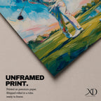 Elevate your space with this Golf Wall Art, featuring a golfer captured mid-swing in a vibrant impressionist painting. Bold palette knife textures, brilliant blue skies, and a scenic golf course create a striking canvas print for golf clubhouses, offices, and golf lovers.