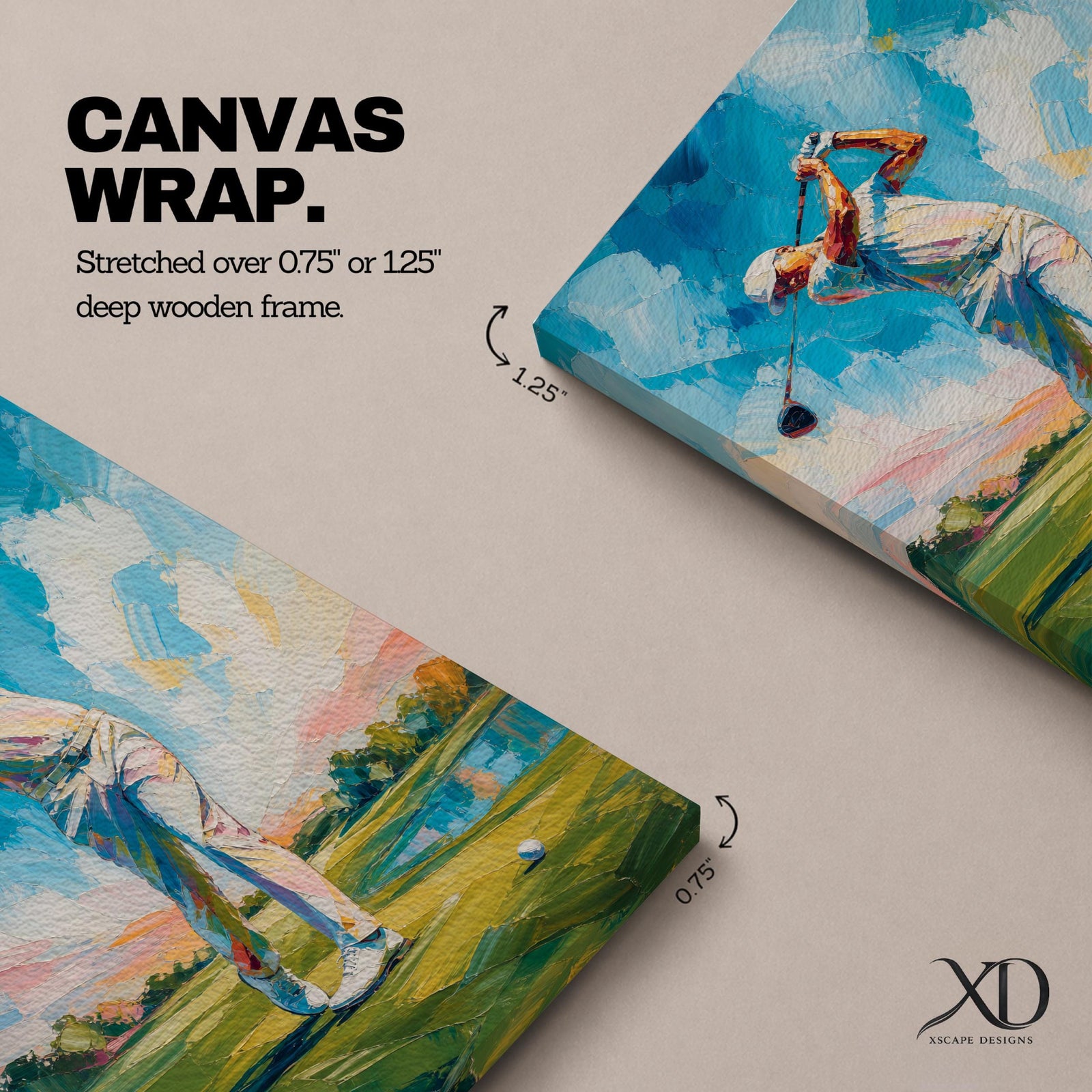 Elevate your space with this Golf Wall Art, featuring a golfer captured mid-swing in a vibrant impressionist painting. Bold palette knife textures, brilliant blue skies, and a scenic golf course create a striking canvas print for golf clubhouses, offices, and golf lovers.