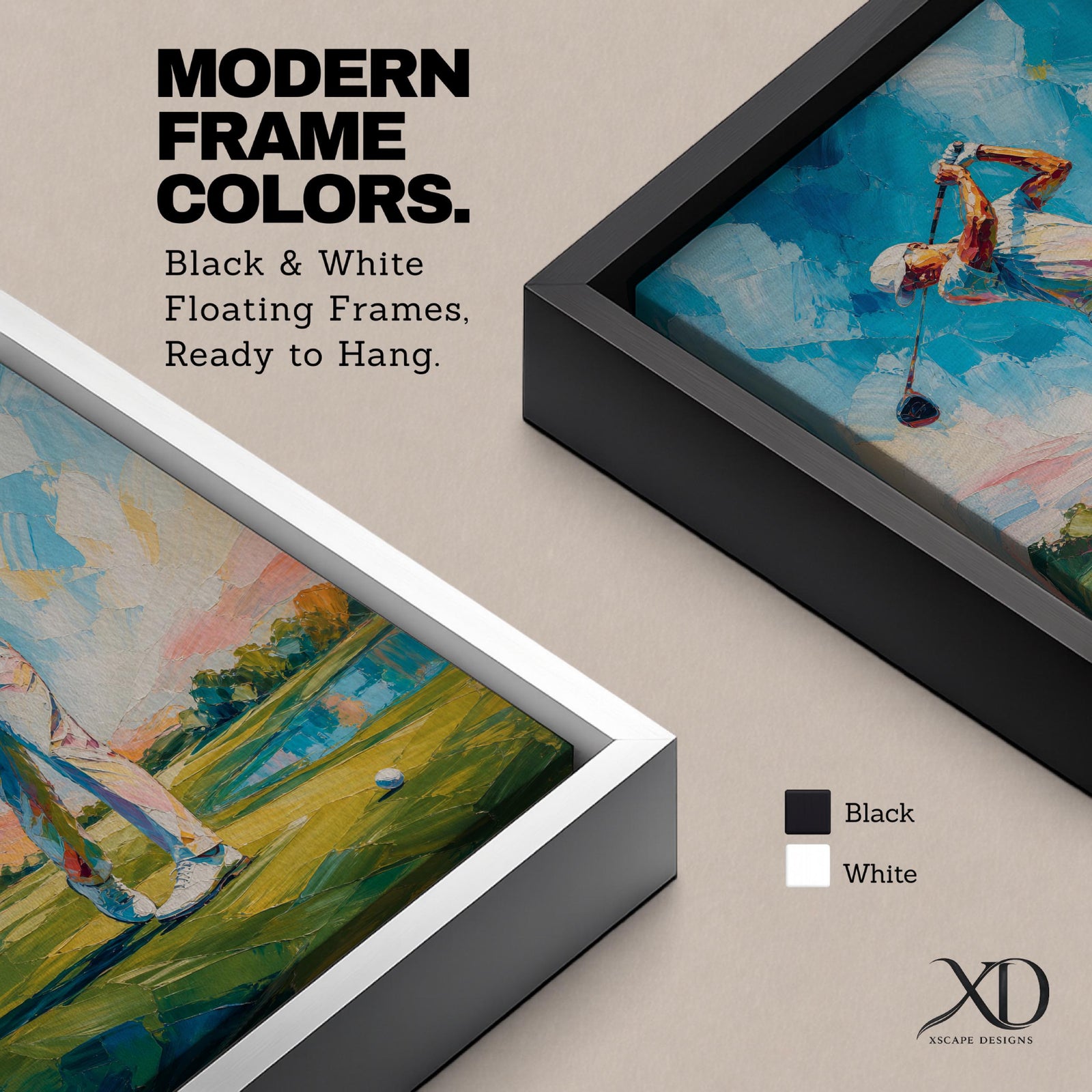 Elevate your space with this Golf Wall Art, featuring a golfer captured mid-swing in a vibrant impressionist painting. Bold palette knife textures, brilliant blue skies, and a scenic golf course create a striking canvas print for golf clubhouses, offices, and golf lovers.