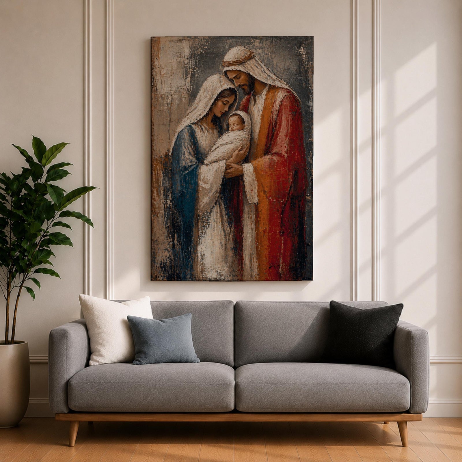 Holy Family wall art featuring Mary, Joseph, and Baby Jesus in a textured impasto painting style, Christian canvas decor for home, prayer room, and Catholic spaces.