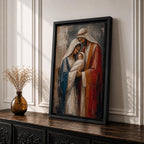 Holy Family wall art featuring Mary, Joseph, and Baby Jesus in a textured impasto painting style, Christian canvas decor for home, prayer room, and Catholic spaces.