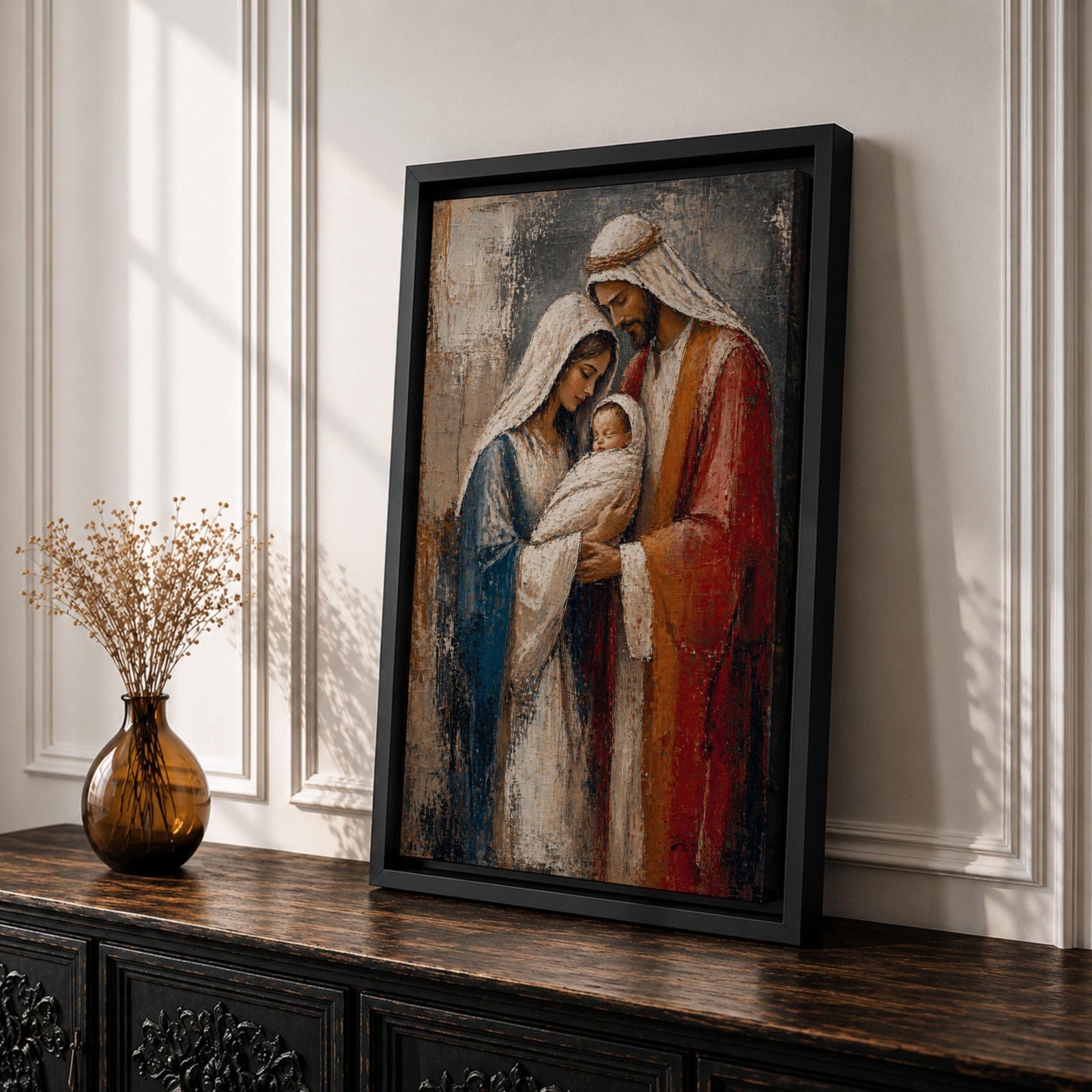 Holy Family wall art featuring Mary, Joseph, and Baby Jesus in a textured impasto painting style, Christian canvas decor for home, prayer room, and Catholic spaces.