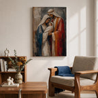 Holy Family wall art featuring Mary, Joseph, and Baby Jesus in a textured impasto painting style, Christian canvas decor for home, prayer room, and Catholic spaces.