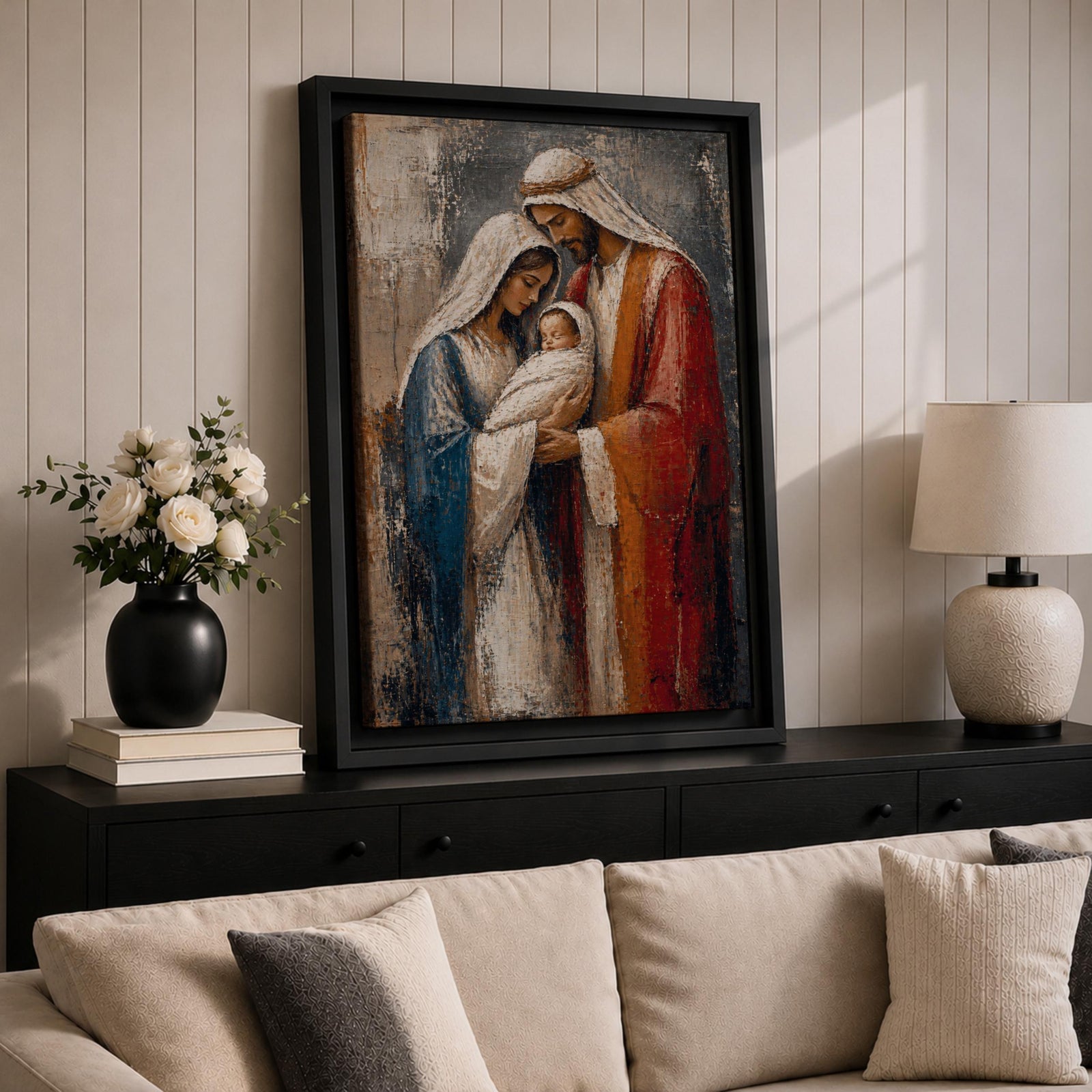 Holy Family wall art featuring Mary, Joseph, and Baby Jesus in a textured impasto painting style, Christian canvas decor for home, prayer room, and Catholic spaces.