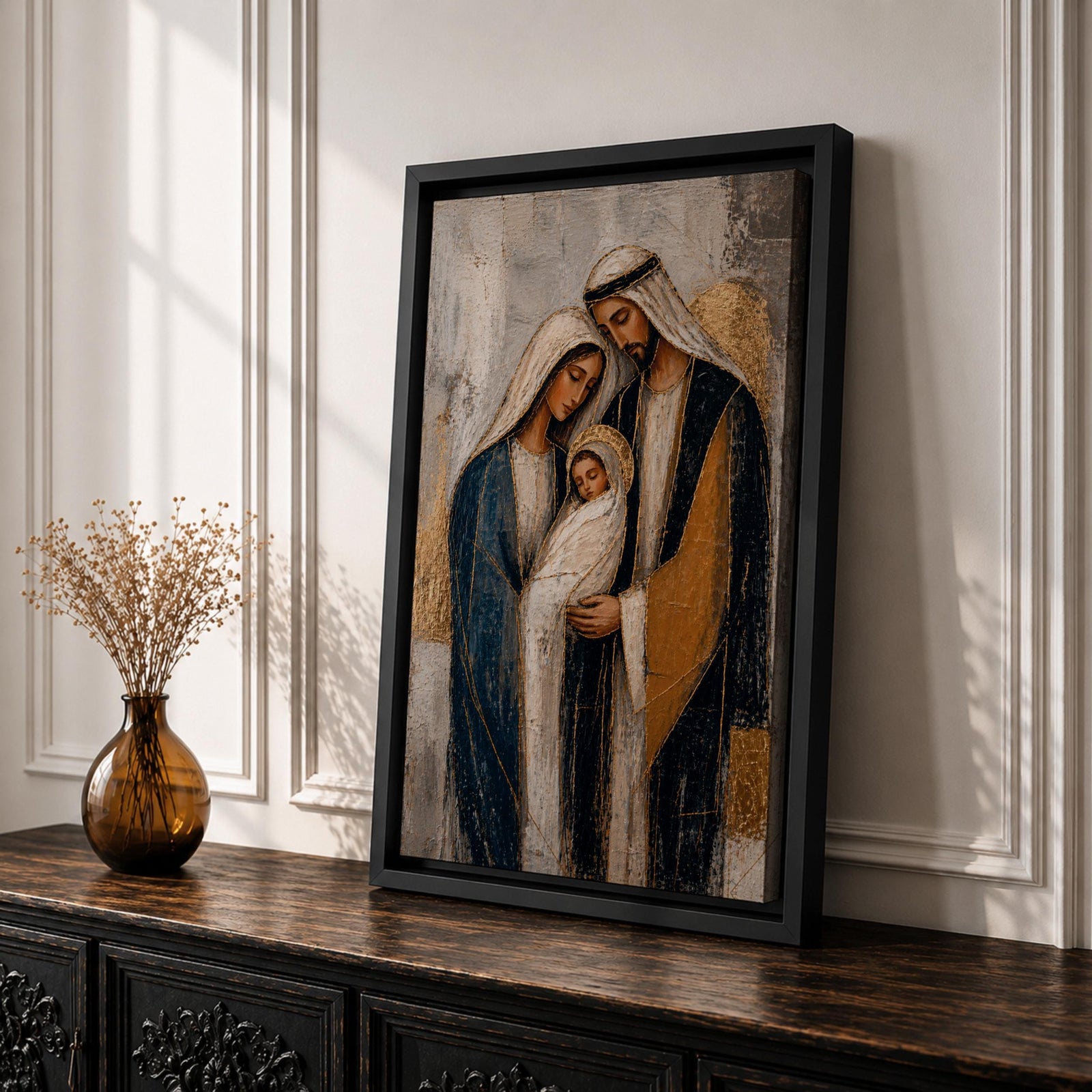 Celebrate faith and family with this Holy Family Wall Art, featuring Mary, Joseph, and the infant Jesus in a beautifully textured painterly style with elegant gold leaf-inspired accents. This timeless Catholic canvas print brings warmth, peace, and devotion to prayer rooms, home altars, churches, or living spaces.