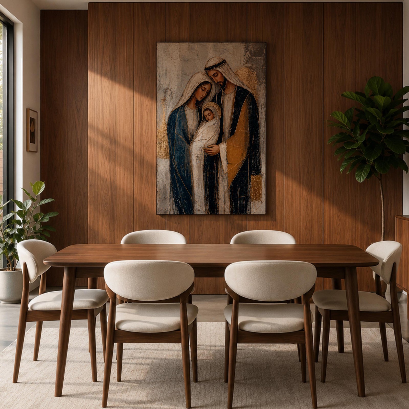Celebrate faith and family with this Holy Family Wall Art, featuring Mary, Joseph, and the infant Jesus in a beautifully textured painterly style with elegant gold leaf-inspired accents. This timeless Catholic canvas print brings warmth, peace, and devotion to prayer rooms, home altars, churches, or living spaces.