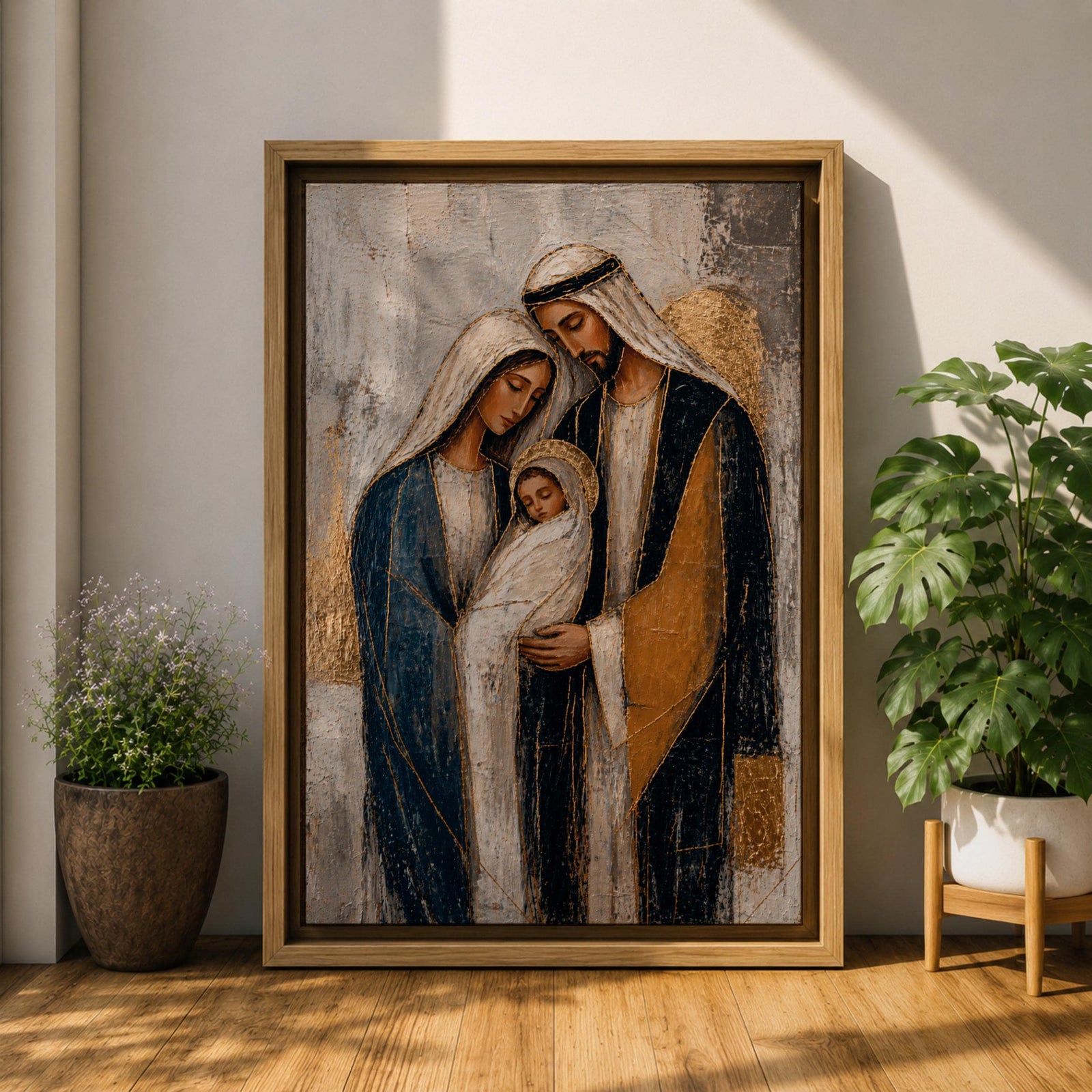Celebrate faith and family with this Holy Family Wall Art, featuring Mary, Joseph, and the infant Jesus in a beautifully textured painterly style with elegant gold leaf-inspired accents. This timeless Catholic canvas print brings warmth, peace, and devotion to prayer rooms, home altars, churches, or living spaces.